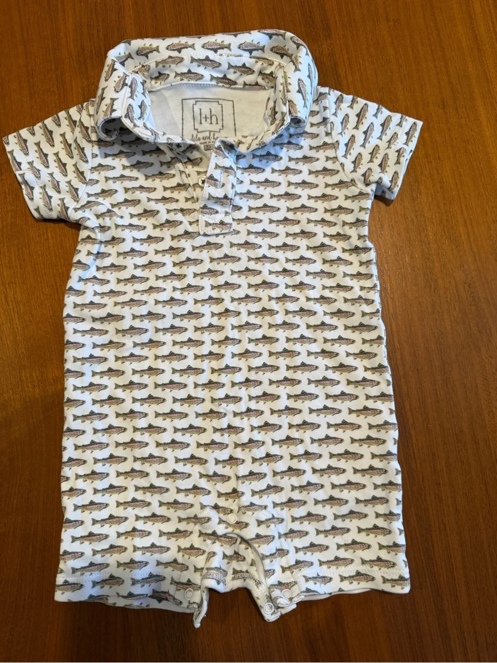 Lila & Hayes Baby Fish Print Polo Romper - White with Brown & Green Fish